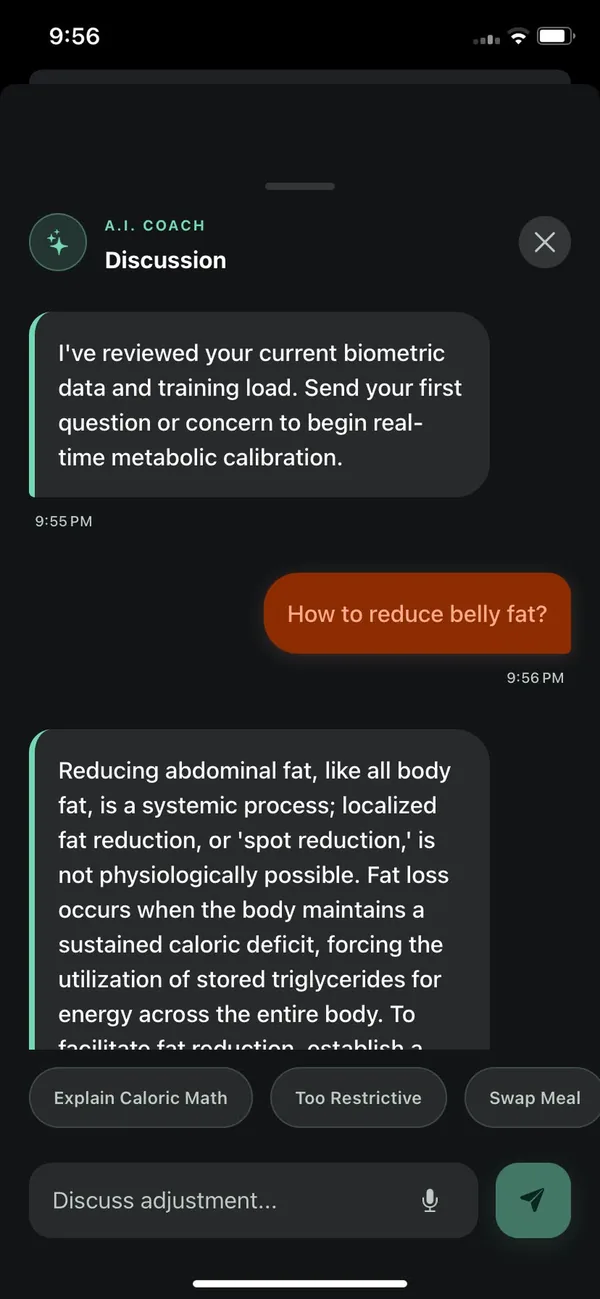 In & Out Calories AI Coach chat answering a fitness question using the user's biometric data