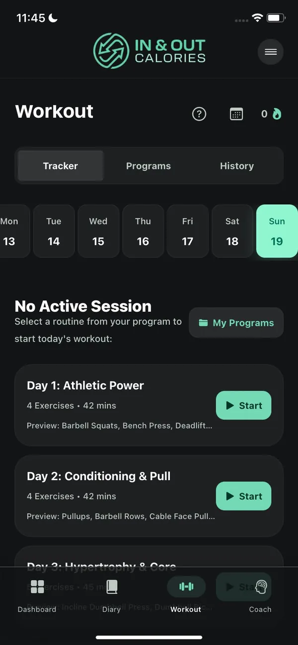 In & Out Calories workout screen listing training programme routines like Athletic Power and Conditioning and Pull, each with a Start button